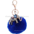 Rhinestone Metal elefante encanto conejo piel Pom Pom Llavero